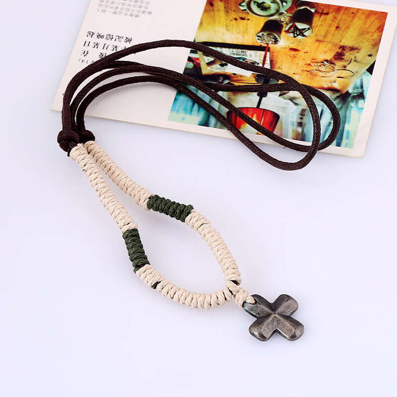 Popular accessories: hemp rope woven alloy cross necklace, punk men's necklace