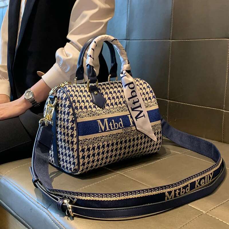 Versatile Thousand Bird Check Handbag Pillow Retro Printing Ladies Shoulder Bag Fashion Leather Girls Crossbody Embroi