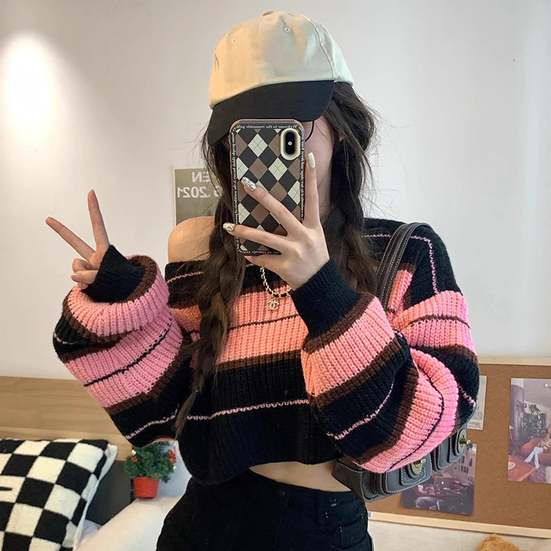 Womens Striped Jumper Vintage Female Autumn Long Sleeve Casual Cropped Sweater 250225