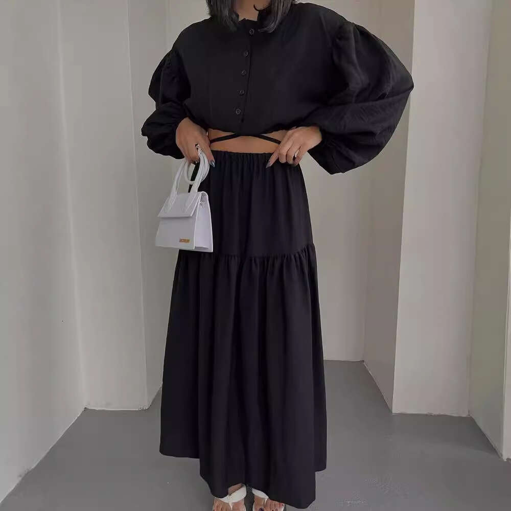 2024 European and American new lace up long sleeved top pleated split skirt set