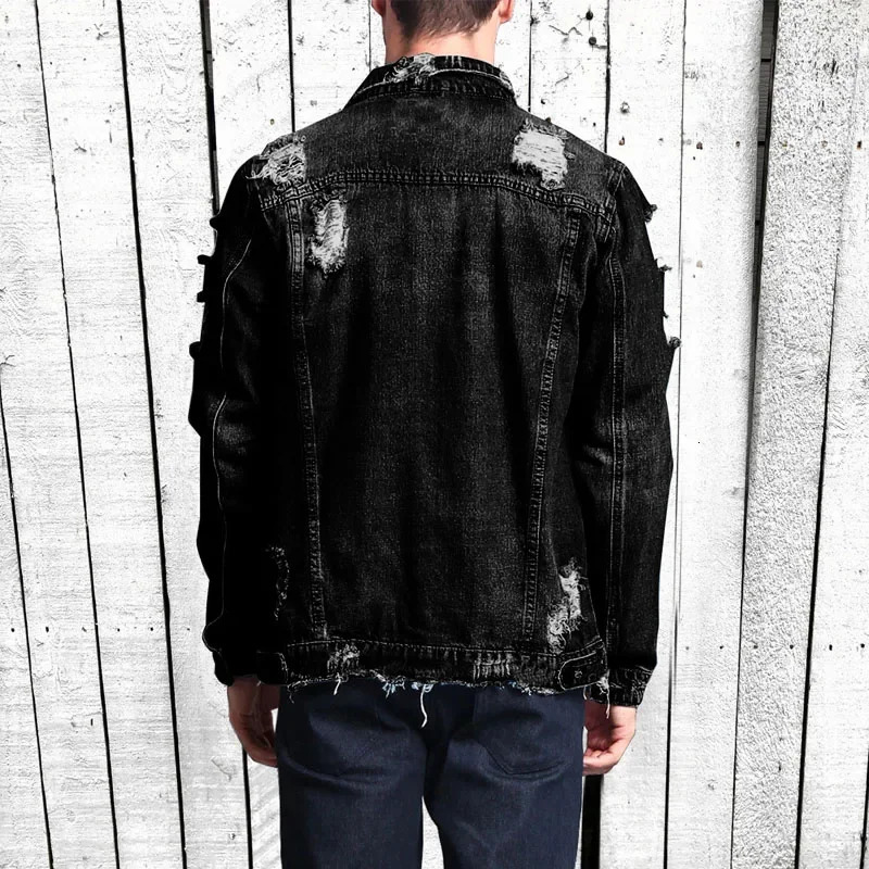 Street Fashion Ripped Denim Jacket Mens Classic Vintage Denim Jacket Fall Winter Worn Torn Denim Jacket Hip-hop Skateboarding 250225