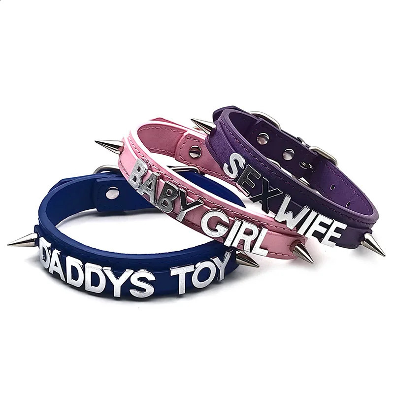 Sexy punk rivet PU leather collar DIY custom glossy letters wife necklace jewelry roleplaying tool party 250117