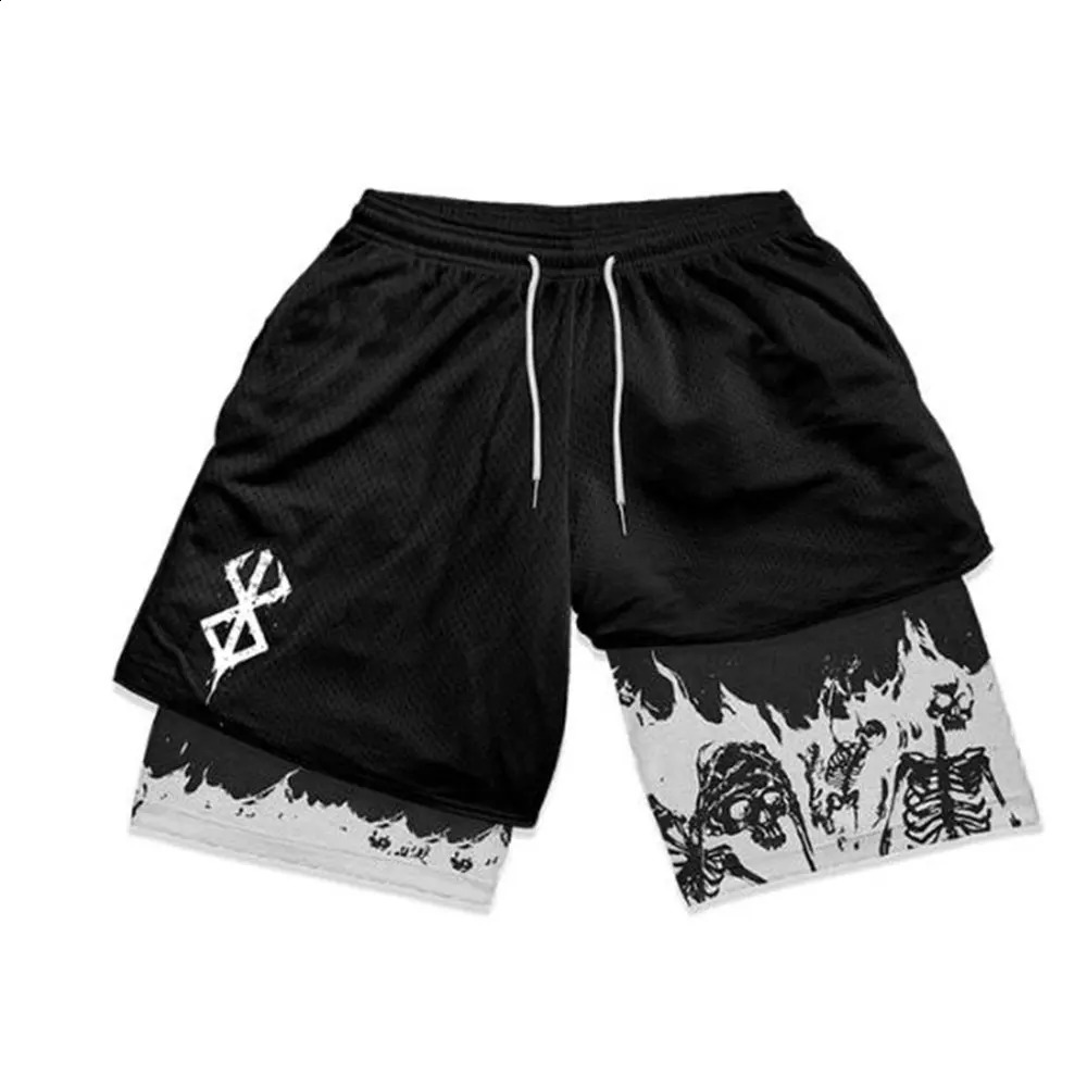 Y2K Compression Shorts Skull Print 2 in 1 Gym Shorts for Men Active Athletic 5 Inch Quick Dry Stretchy Training Fitness Workout 250228