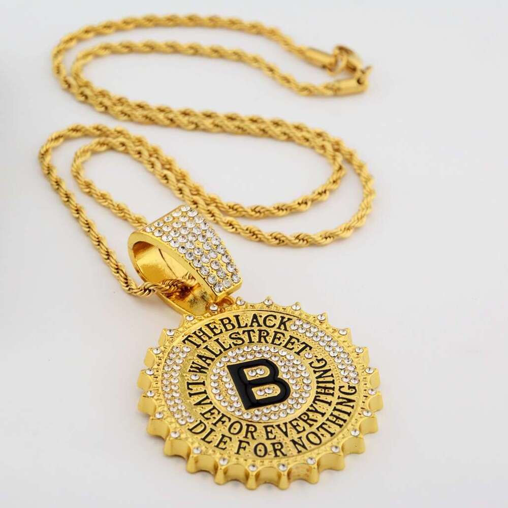 Hip Hop Versatile Full Dia B-shaped Round Label Pendant Personalized Men's and Women's Necklace Cuban Chain