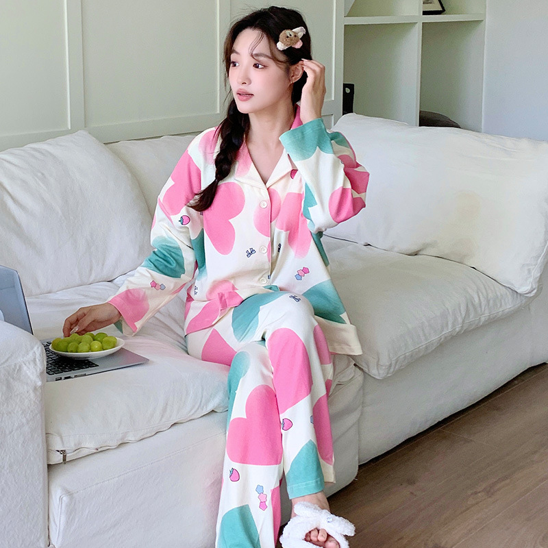 G220 New Women's Double Long Cardigan Lapel Cartoon Printing Pull-on Cotton Comfortable Set Pajamas