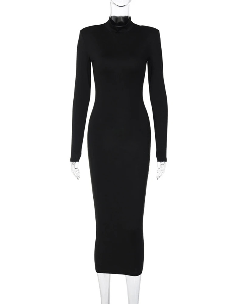 Women Spring Autumn Fashion Long Sleeve Streetwear Bodycon Black Midi Dress Wholesale Items For Business 250226