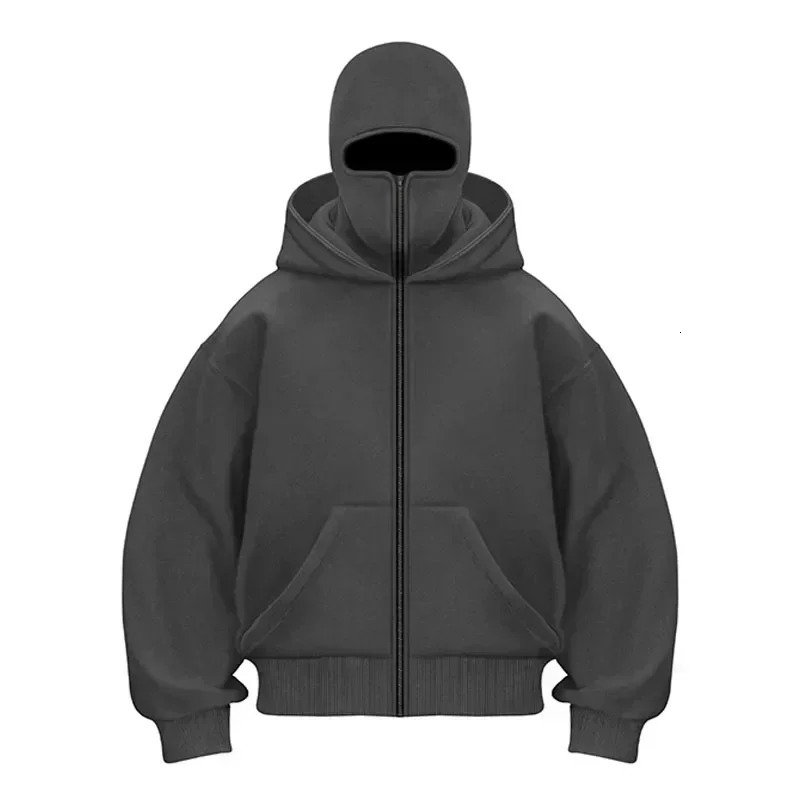 Balaclava Men Zip Hoodie Winter Warm Casual Sweatshirt Y2K with Hooded Face Mask Zipper Sports Jacket Outdoor Activities 250225