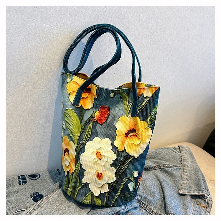 Oil painting flower versatile large capacity high-end shoulder women's three-dimensional bucket bag, summer travel handbag #swissmilitary
