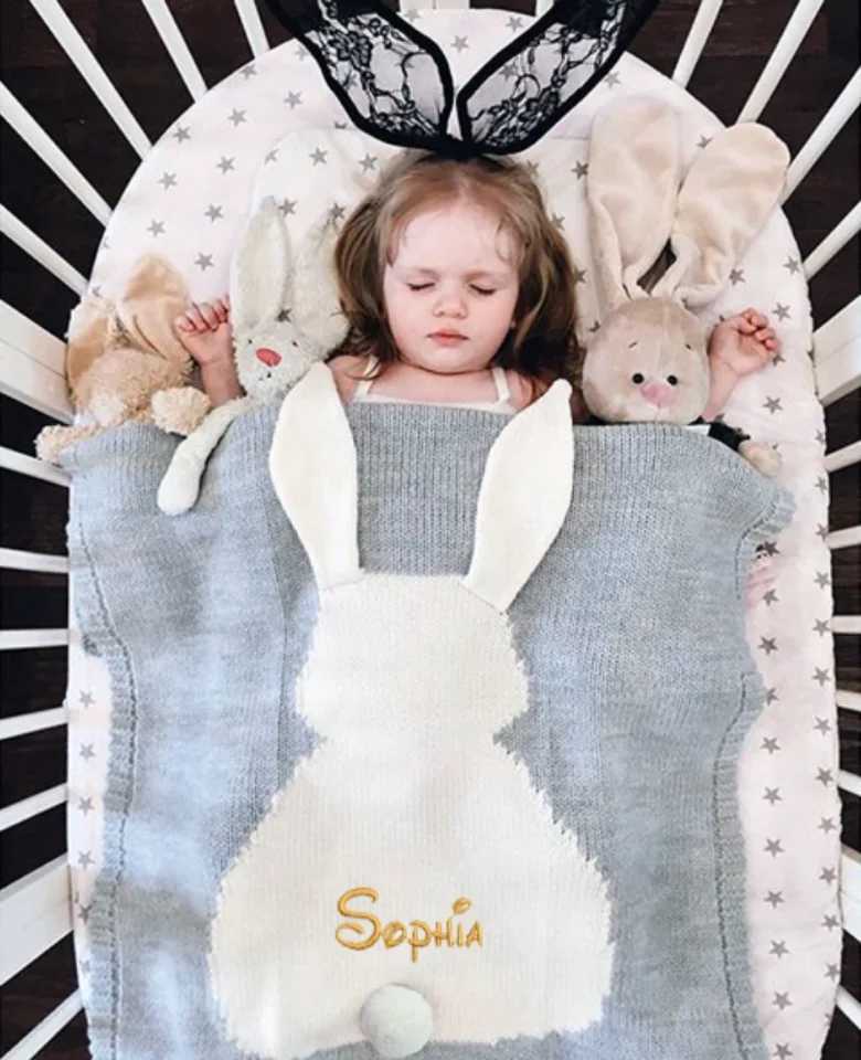 Customized name Newborn baby blanket baby blanket baby packaging knitted blanket childrens rabbit plain weave baby crib towel Z250228