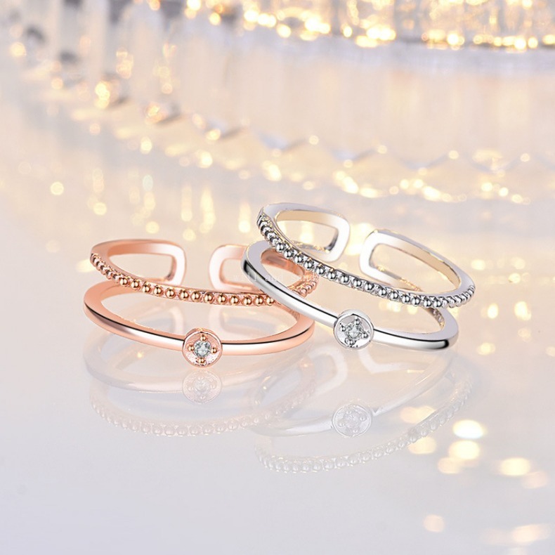 18K Rose Gold Double Layer Ring Band Finger Chunky Open Adjustable Diamond Rings Engagement Wed Fashion Jewelry Gift Will and Sandy Silver Rose Golden