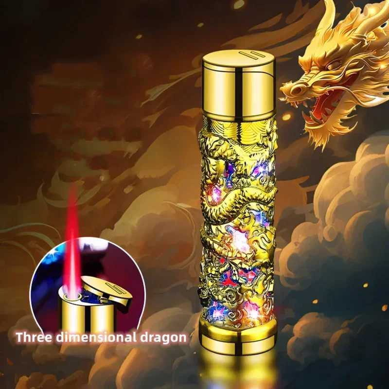 Metal 3D Relief Dragon Lighter Windproof Butane Turbo Red Flame Women Portable Lighter Cigarette Accessories Trendy Mens Gift Y250228