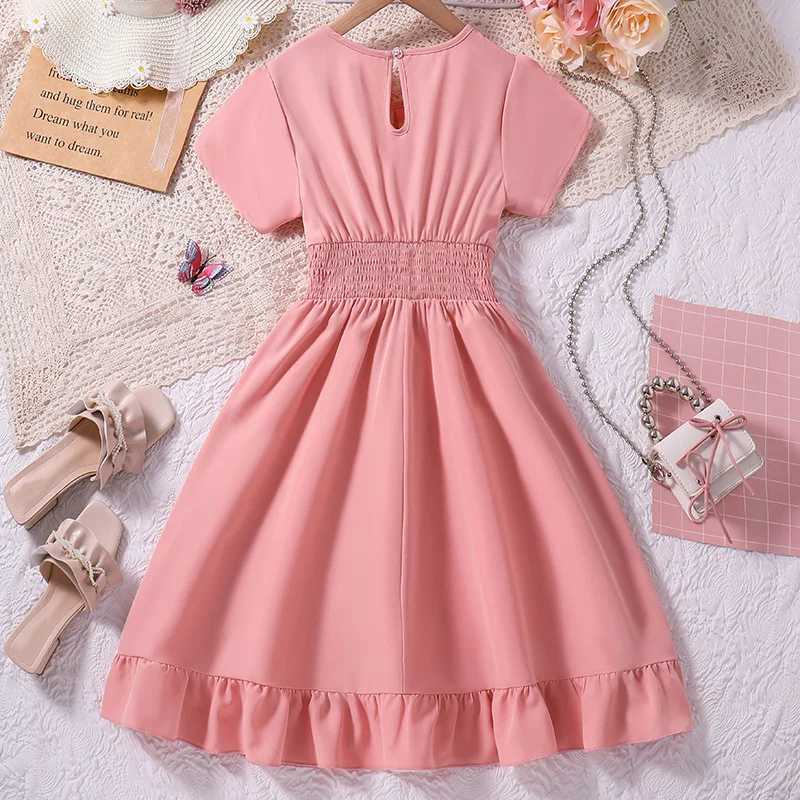 8-12Ys Pink Short-Sleeved Dress Kids Girls Round Neck Fashion Grace Cute Sweet Vacation For Daily Casual Princess DressXJ250228