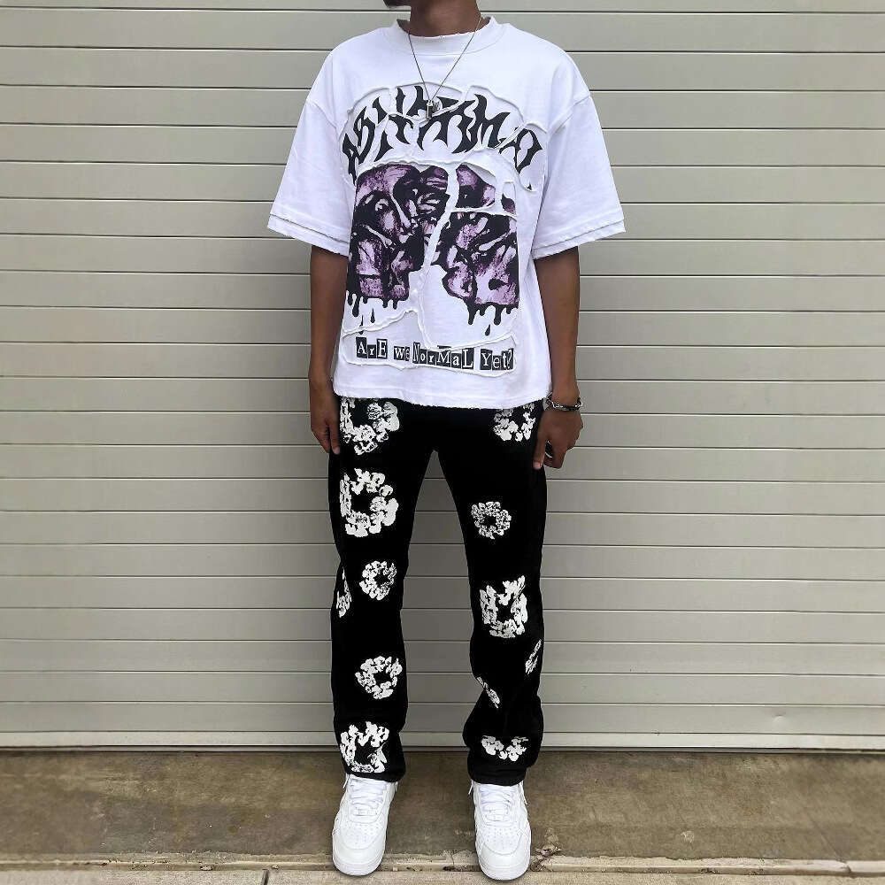 New trendy American street style summer patch embroidered unisex loose dark and funny pattern T-shirt