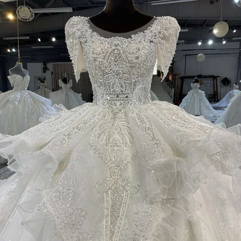 Classic for women bride custom organza short sleeves o-neck wedding dress pearls sequins novia dresses