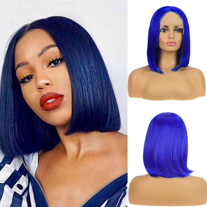 HD Front Lace Wig Front Lace Wig For Women Short Hair Inner Button Synthetic Full Head Cover Bob Blue Wigs