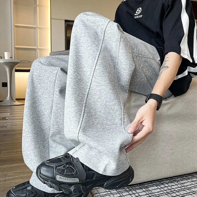 Men Spring Casual Sweatpants Elastic Waist Straight Wide Leg Joggers Plus Size Solid Color Minimalist Patchwork Comfort Pants 250227