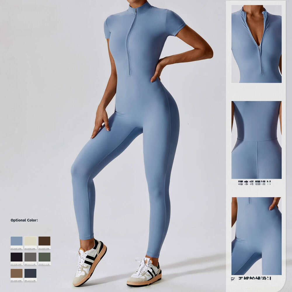 European American zipper short sleeved nude yoga women wearing fiess sports jumpsuit 8305, new casual and versatile fashion clothing for 2025