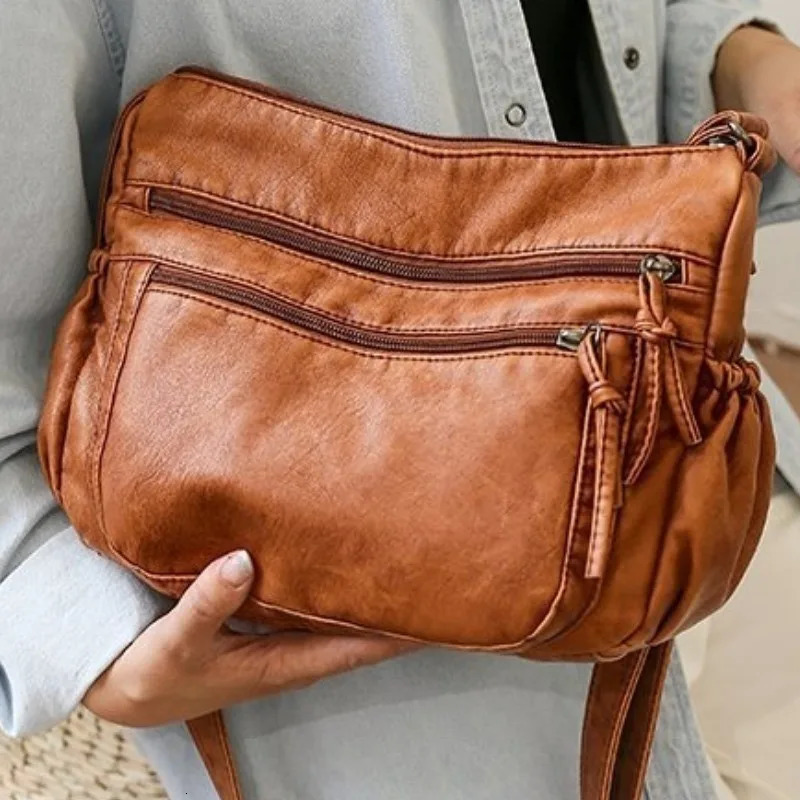Washed leather womens bag 2024 European and American retro shoulder bag versatile largecapacity crossbody bag PU soft leather 250218