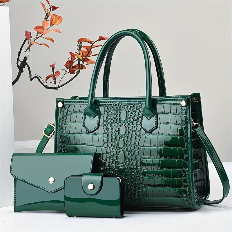 Ship from US 3pcs e Pattern Womens Purse Set Stylish Top Handle Tote Bag Chic Crossbody Handbag Compact Clutch and Credit Ca 250227FBB