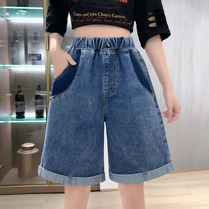 Plus Size Denim Short Jean Shorts For Women Summer 2024 Half Length Crimping Streetwear Blue Female 250228Z