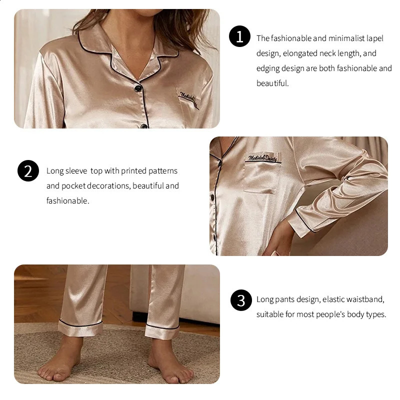 Womens Satin Casual Pajama Autumn Long Sleeve Buttons Lapel Top Pants Pajamas 2 Piece Set Pocket Letter Embroidery Pyjama Pjs 250226bj