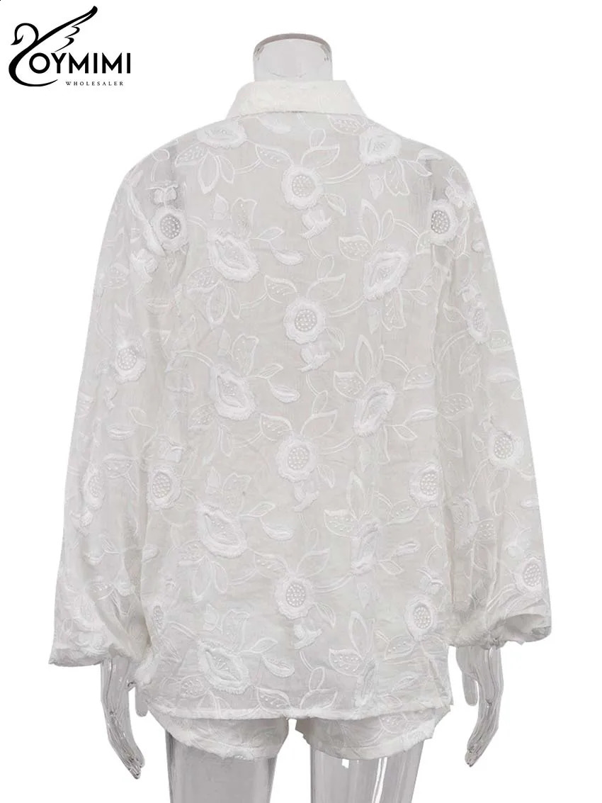 Oymimi Women's White Jacquard Button Shirt and High Waist Skinny Slim Shorts Set - Acetate Wrist Sleeve Top, Casual Vacation Two-Piece Summer Outfit - view 7