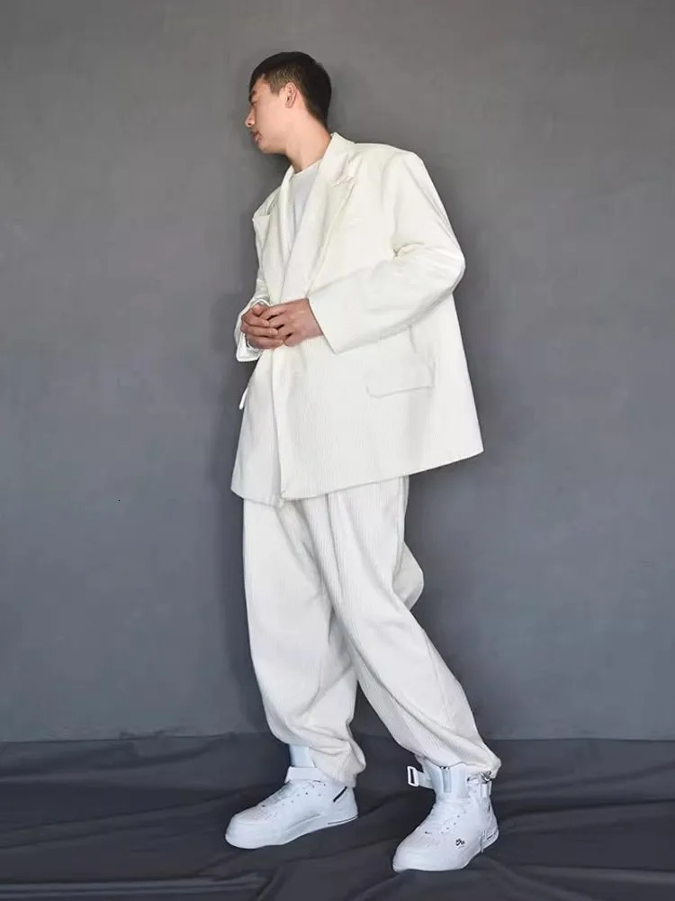 er Autumn Business Men Work Suit Set Loose Fit Velvet Blazer Wide Leg Pants Two Piece Set Groom Wedding Dress Suits 250224