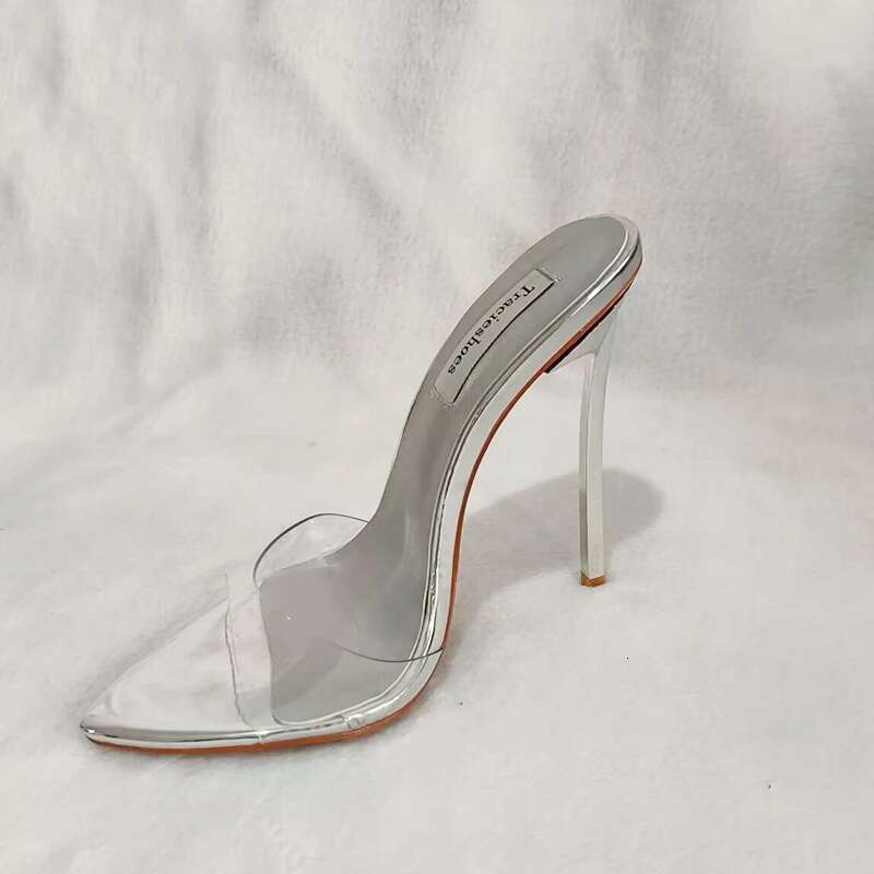 12cm metal Summer heel pointed toe women slides clear PVC sexy sandals