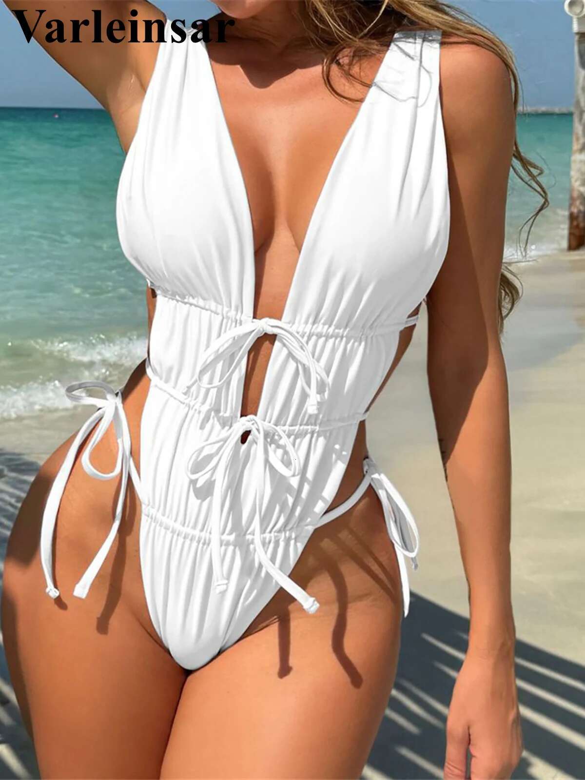 Sexy Deep V Neck Knotted Lace Up Women Swimwear One Piece Swimsuit Female High Leg Cut Monokini Bather Bathing Suit Swim V6214