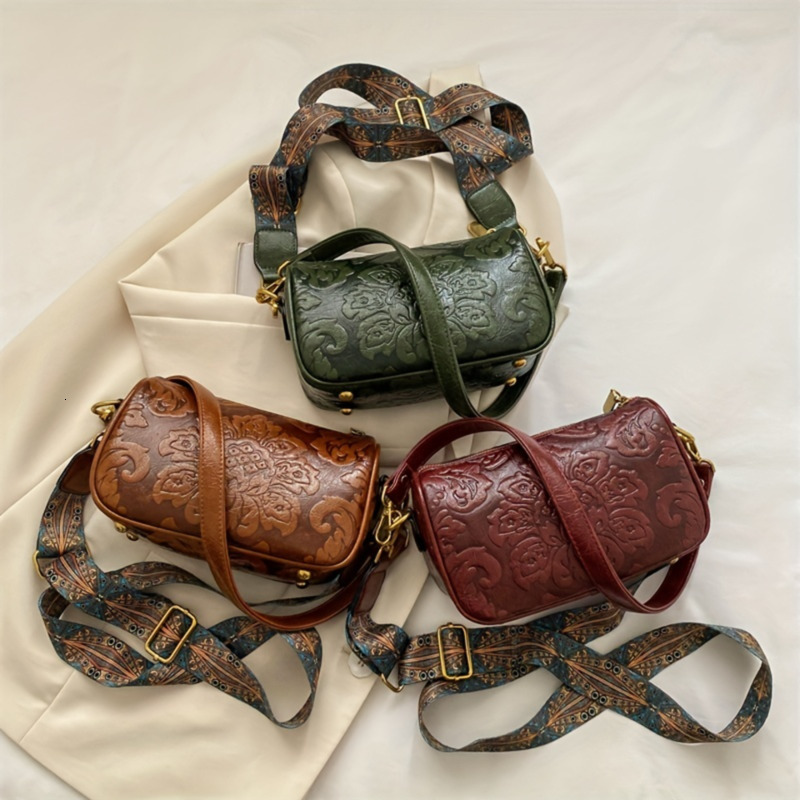 Ship from US Retro Flower Embossed Crossbody Bag Fashion PU Leather Boston Womens Ethnic Strap Shoulder Purse w250227FBB