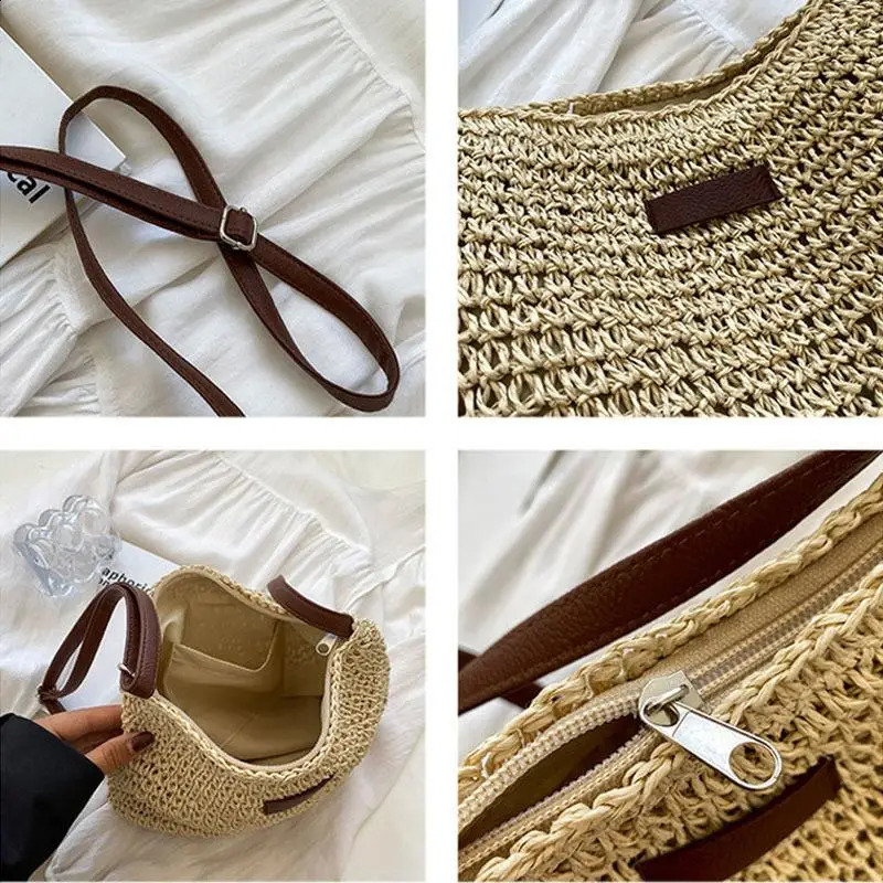 Ladies Fashion Summer Straw Crossbody Bag Women Beach Holiday Shopping Woven Shoulder Handbag Messenger Purses For Bags 250224