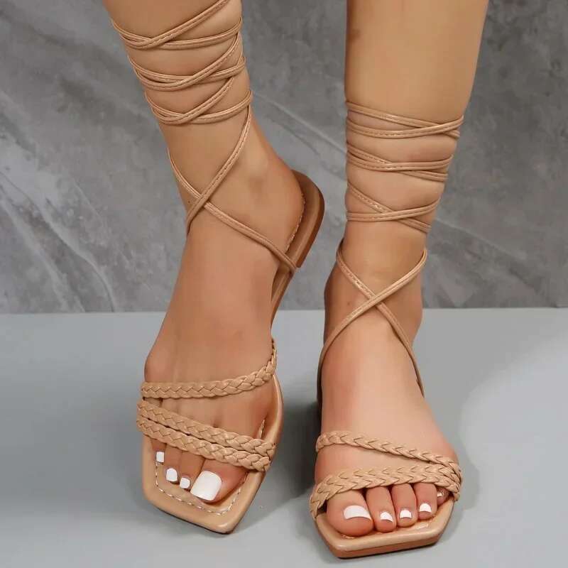 Trendy Casual Women's Summer Open Toe Flat Sole Solid Color Lace Up Beach Shoes atillas De Mujer Sandals