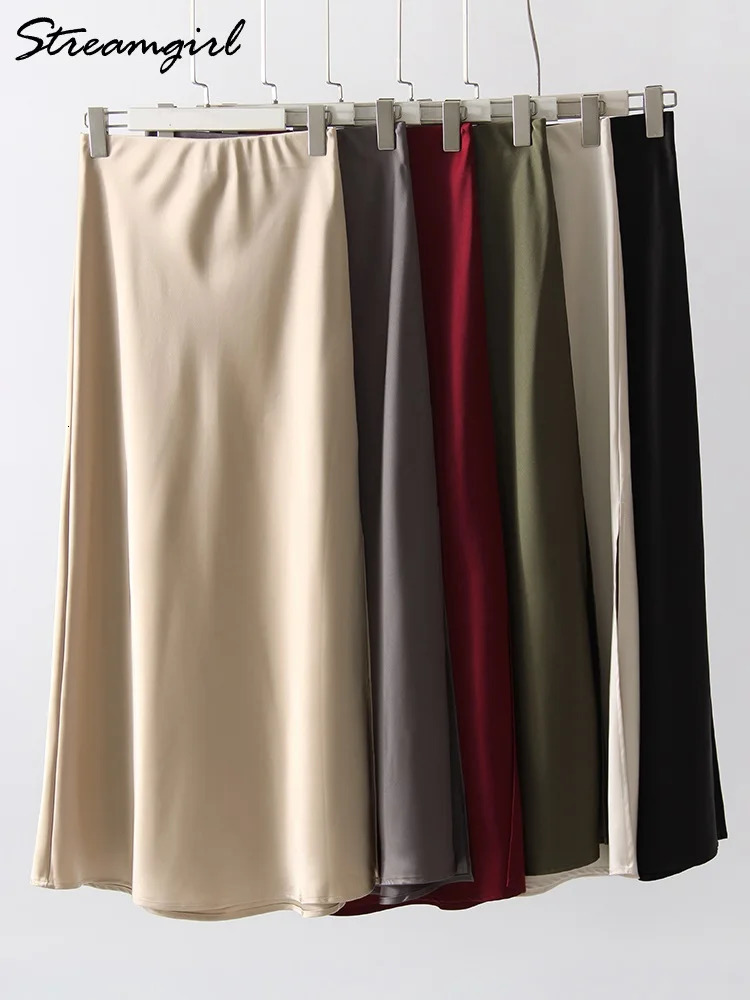 Black Slit Satin Silk Skirt Women Maxi Spring Summer 2025 Elegant A Line Slit Skirt Satin Ladies Office Long Skirts For Women 250227