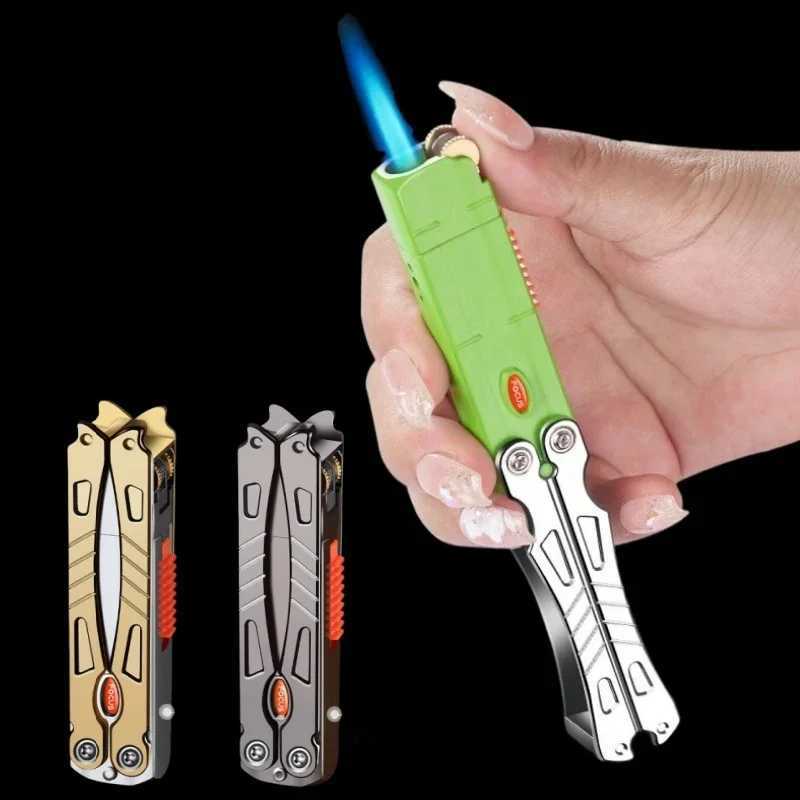 New Metal Flint Grinding Wheel Ignition Lighter Windproof Folding Jet Inflatable Pressure Reducing Lighter Mens Smoking Gift X250228 w250424