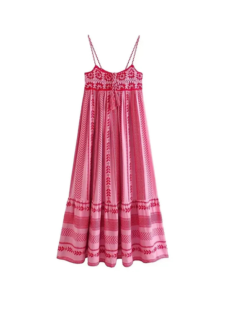 TRAF Women Bohemian Midi Dress Vacation Charm Splice Knitted Vintage Strap Dress Women Dresses Women 250226