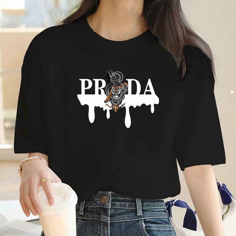 Luxury Brand Fashion Dragon and Tiger Pattern Printed Crew Neck Clothing Short Sleeve T-Shirt Trend Womens Summer Y2K TopT250228