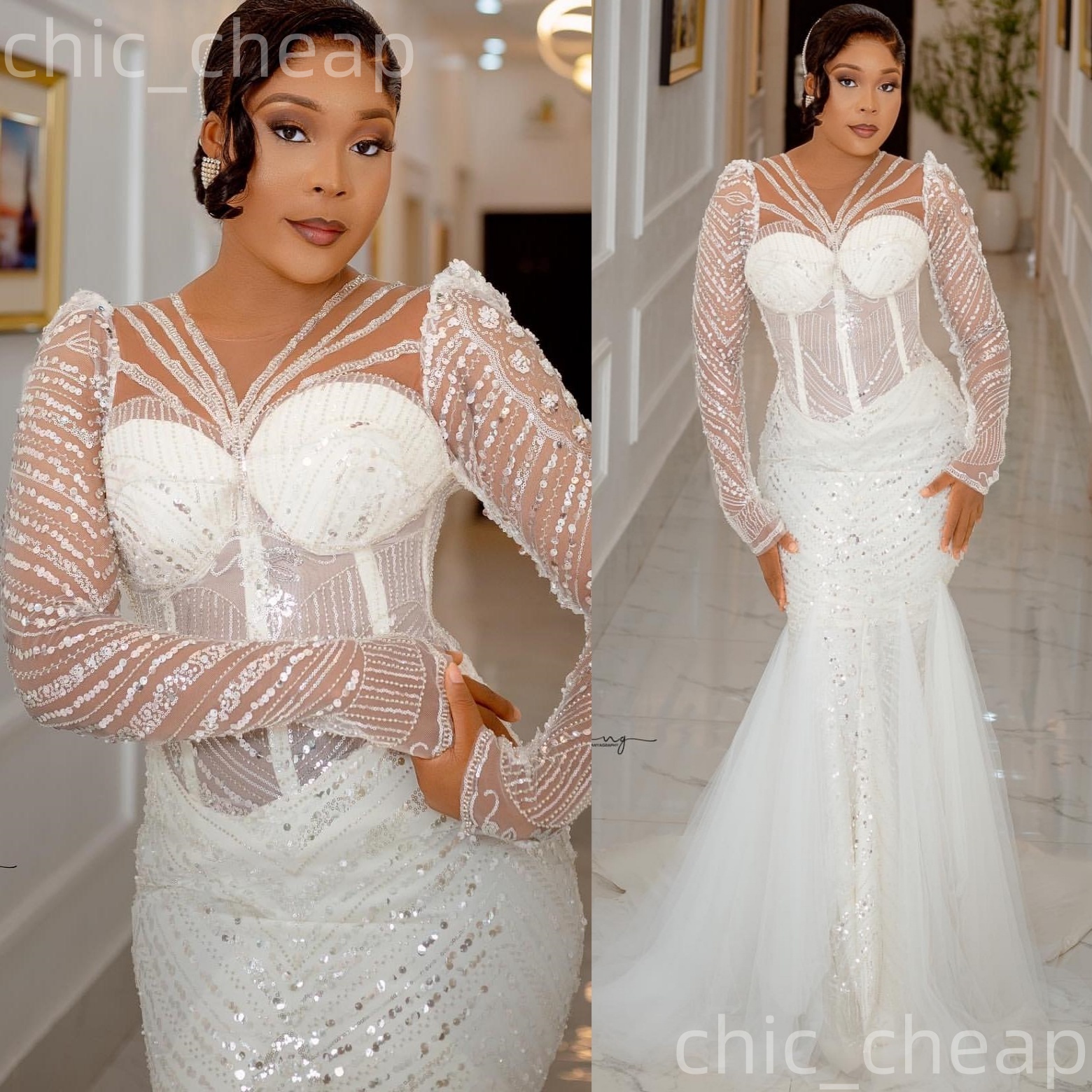2025 Arabic Aso Ebi Plus Size Ivory Wedding Dress Beaded Sequined Full Sleeves Sheer Neck Bridal Gowns Dresses ZJ057