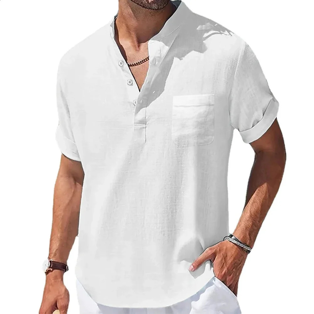 Summer Mens Cotton and Linen Shirts Short-Sleeved T-shirt Henry Collar Casual Mens T-shirts Shirt Male Men Clothing 250224