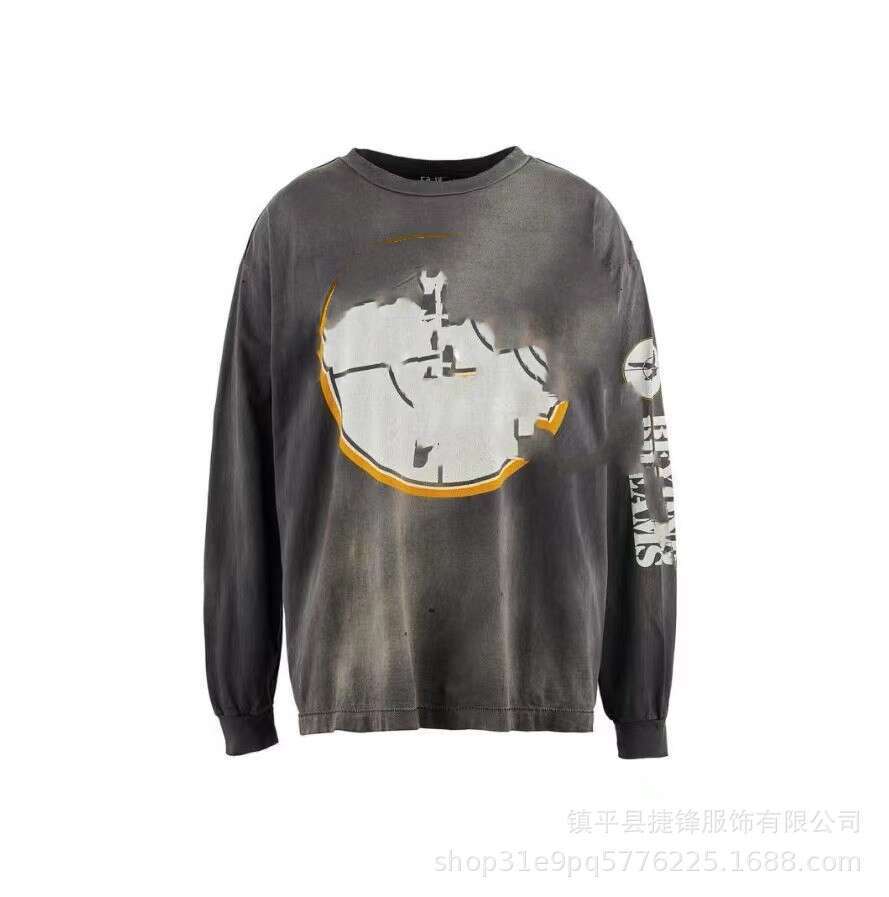 New Hip Hop American Trendy Collar Letter Splicing Men's Women's Long Sleeves Washed and Used Graffiti Loose Round Neck