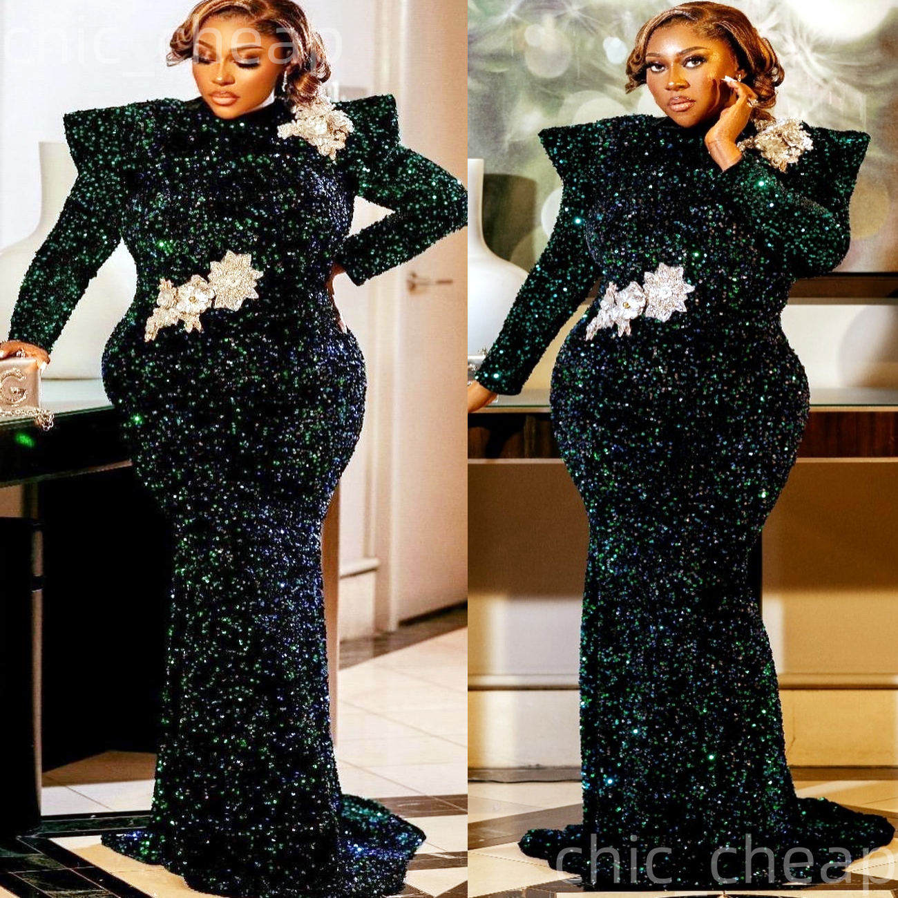 Dark Green Mermaid Prom Dresses 2025 Lace Full Sleeves Sequined Evening Formal Party Second Birthday Engagement Gowns Plus Size Dress For Special Occa