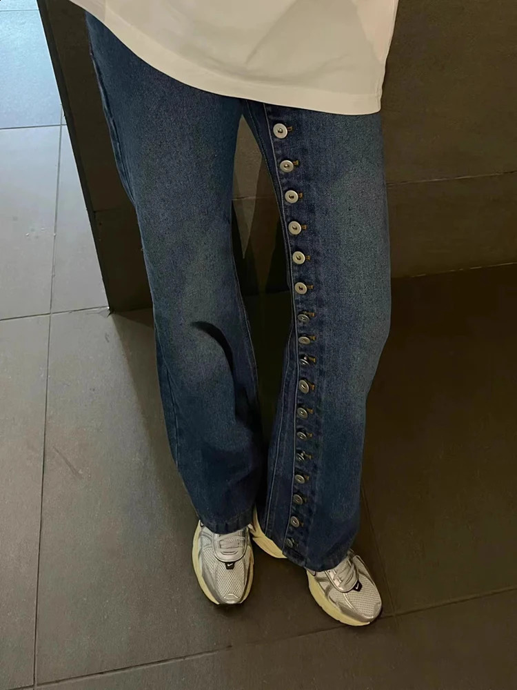 Spring Fashion Retro Multi Button Straight Jeans Womens High Waisted Wide Leg Pants Street Female Denim 250228