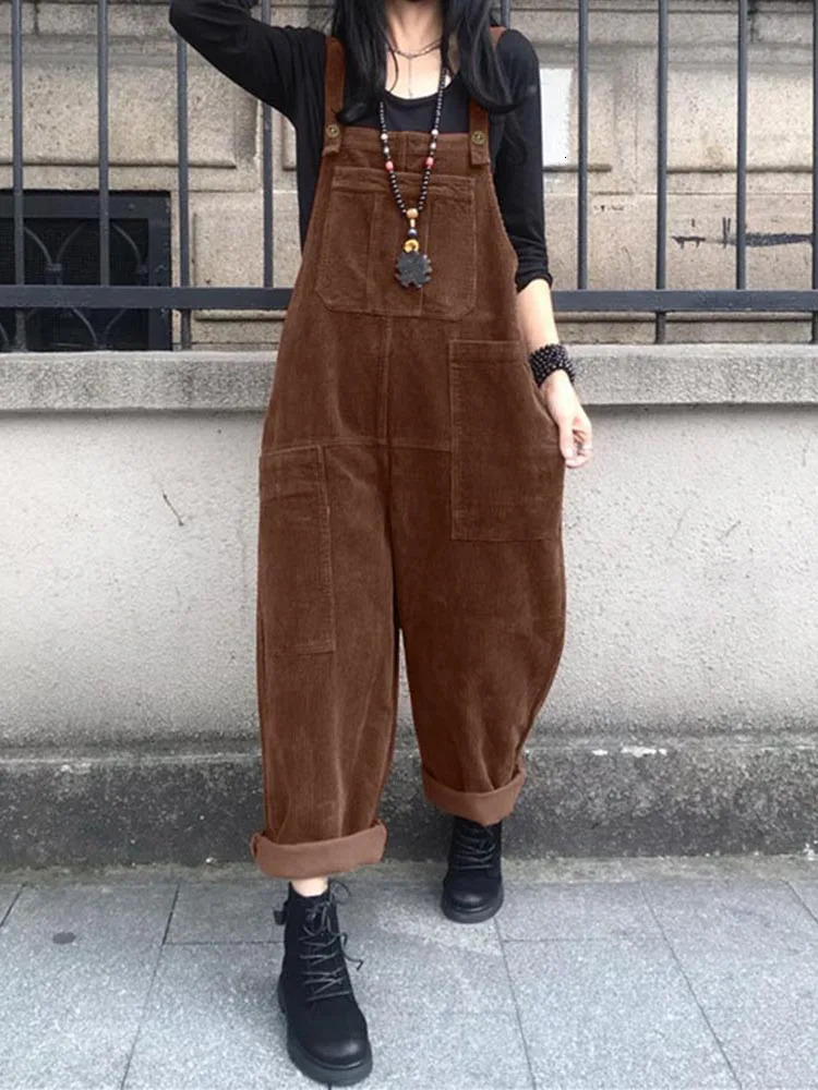 ZANZEA Autumn Rompers Solid Wide Leg Playsuits Women Casual Straps Suspender Overalls Vintage Corduroy Jumpsuits Overview 250225