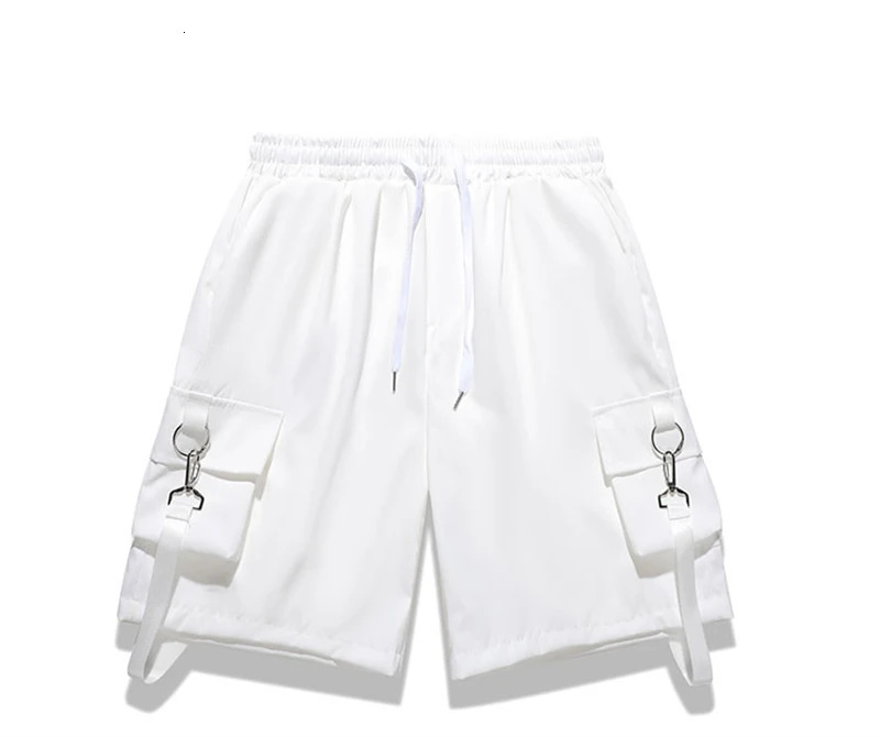 Mens multi pocket cargo short sleeved elastic waist wide leg pocket knee long short sleeved mens loose top E175 250225
