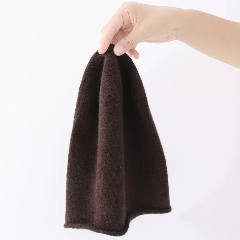 High Quality Pure Cashmere Hat Men Women Autumn Winter Warm Knit Curled Cold Wool Cap Male Casual Classic Solid Beanie Couple 250221