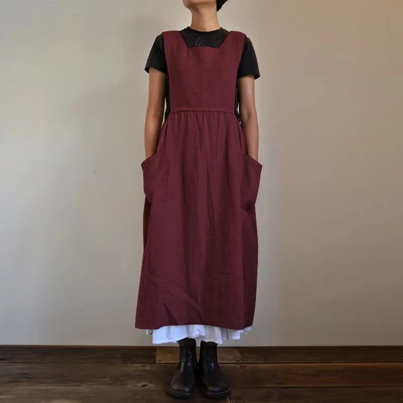 3 Color Oversized S-5XL Loose Cotton Linen Apron Midi Dress For Women Casual Pocket Homewear Solid Color Kitchen Uniform 250226