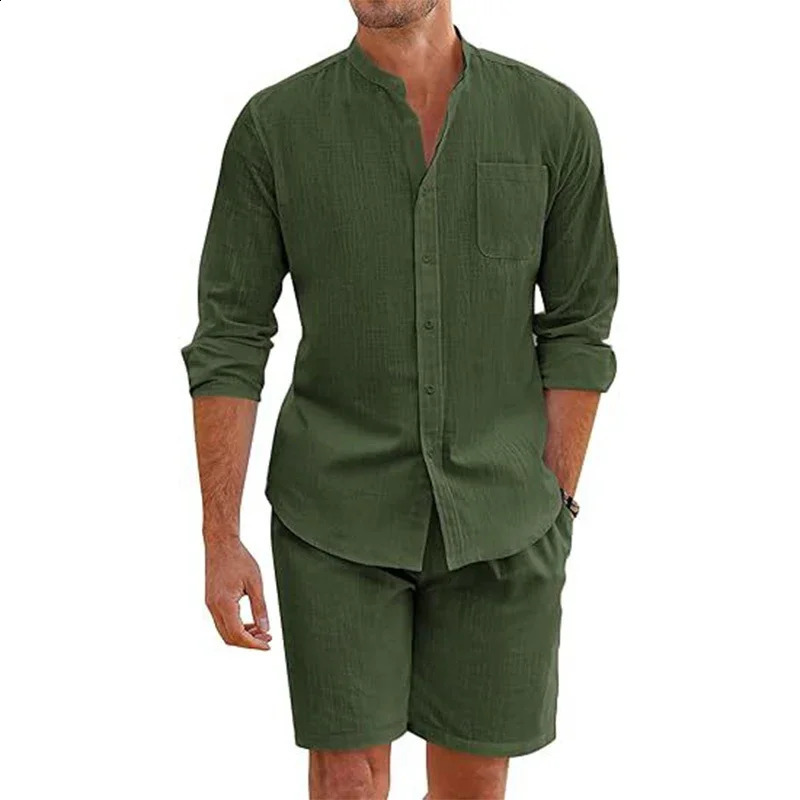 Daily Casual Breathable Cotton Linen Outfits Mens Vintage Stand Collar Buttonup Shirts And Shorts Sets For Men Clothing Summer 250228