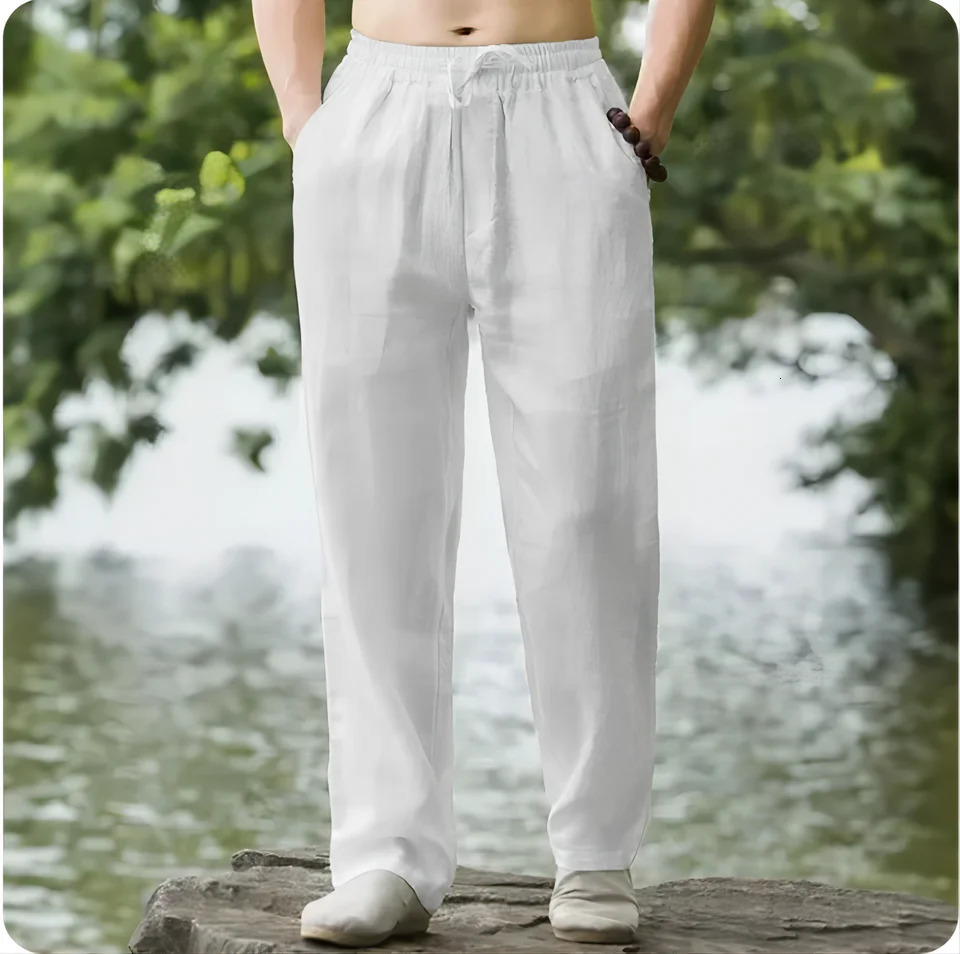 2025 Mens Cotton Linen Pants Male Autumn Breathable Solid Color Linen Trousers Fitness Streetwear Back With Pocket 5XL 250227