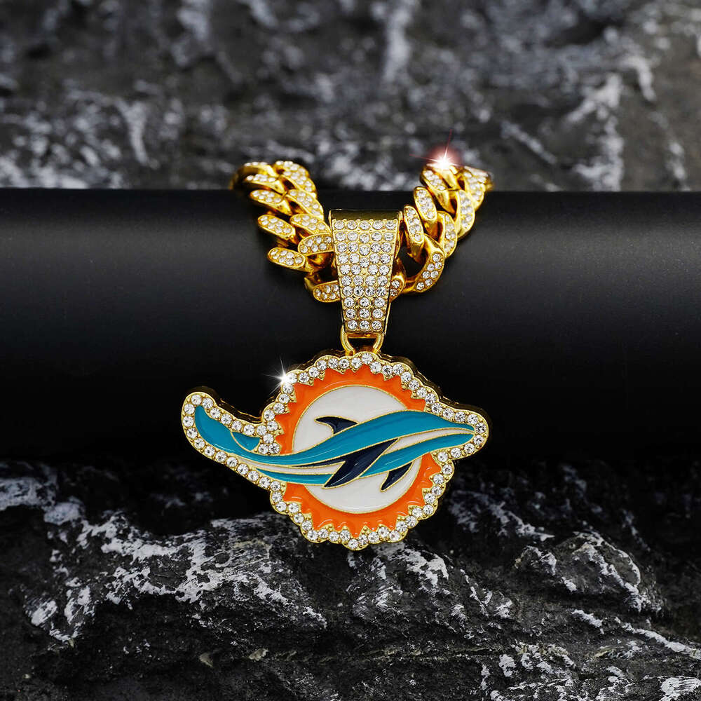 Fashionable Colorful Dolphin Rugby Team Men's Pendant Personalized Hip Hop Full Dia Cuban Necklace