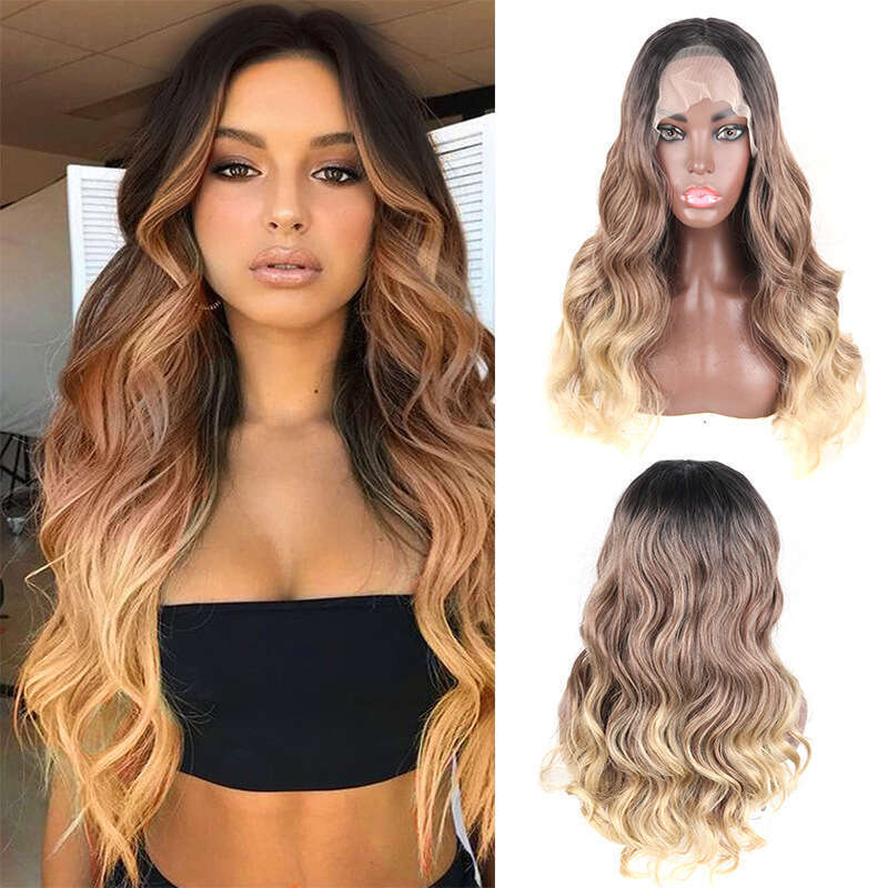 HD Front Lace Wig Women S Fashion Big Wave Front Lace Gradient Color Long Curled Hair Chemical Fiber Wig Headset Wigs
