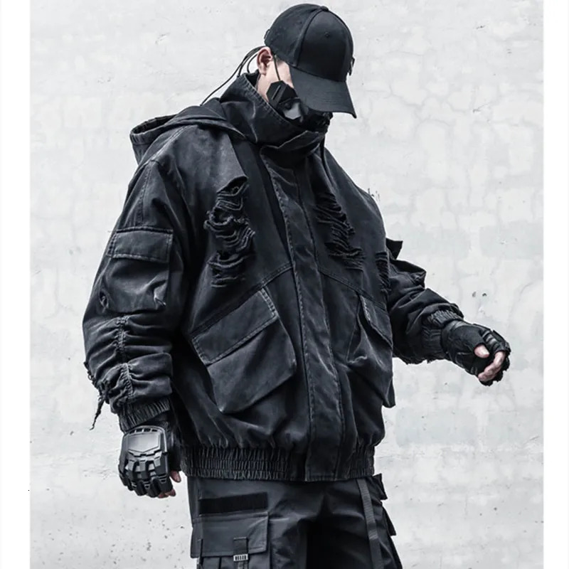 Outdoor hip-hop Techwear style ripped hole punk denim jacket mens winter wash retro black hooded denim jacket windproof 250225